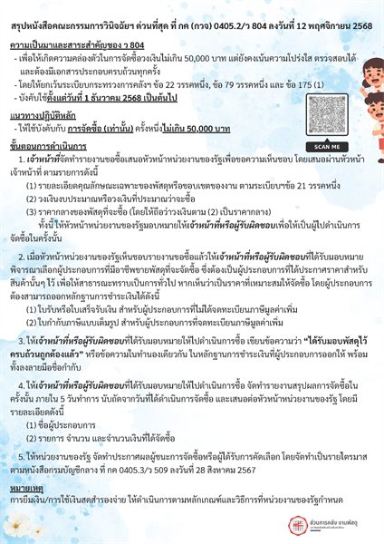 แนวทางปฏิบัติสำหรับการซื้อวงเงินไม่ 50,000 บาท (ว804_12 พ.ย. 2568)