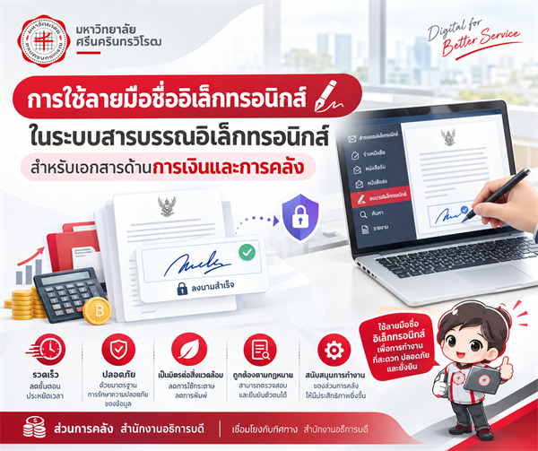 ประกาศ มศว เรื่อง การใช้ลายมือชื่ออิเล็กทรอนิกส์ ในระบบสารบรรณอิเล็กทรอนิกส์ สำหรับเอกสารด้านการเงินและการคลัง (23 ก.ย. 2569)